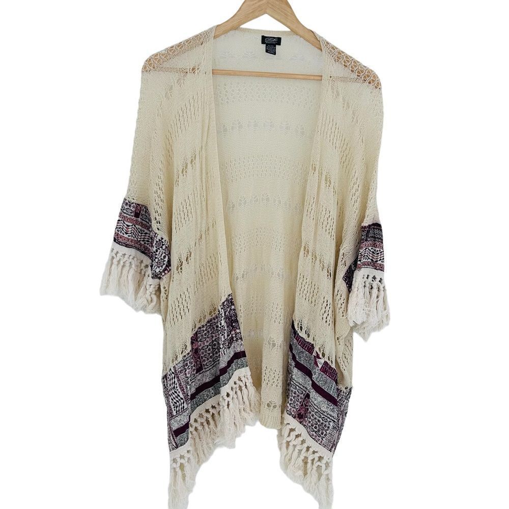 Rolfe accessories cream and burgundy detail boho open sweater cardigan